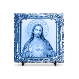 Quadro Sagrado Coração de Jesus Azulejo Português com Suporte