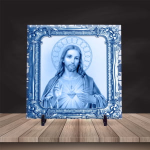 Quadro Sagrado Coração de Jesus Azulejo Português com Suporte