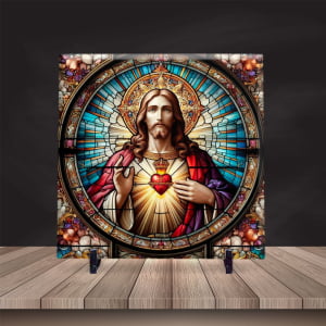 Quadro Sagrado Coração de Jesus Est. Vitral Azulejo 20x20 com Suporte