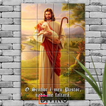 Quadro Imagem Jesus o Bom Pastor em Azulejo Decorativo Colorido