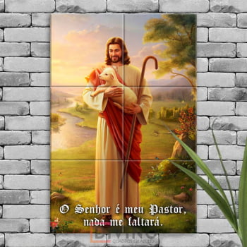 Quadro Imagem Jesus o Bom Pastor em Azulejo Decorativo Colorido