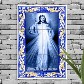 Quadro Imagem Jesus Misericordioso em Azulejo Decorativo Estilo Português