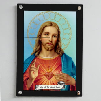 Quadro Decorativo com Imagem do Sagrado Coração de Jesus em Azulejo 50x70cm