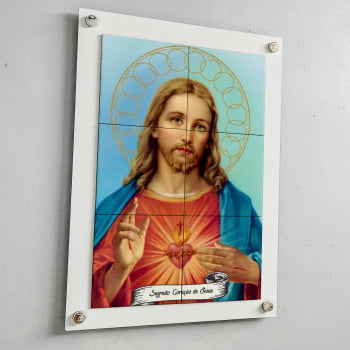 Quadro Decorativo com Imagem do Sagrado Coração de Jesus em Azulejo 50x70cm