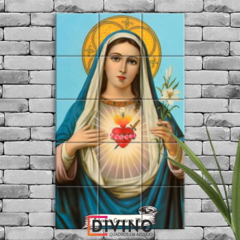 Quadro Imagem Imaculado Coração de Maria em Azulejo Decorativo Colorido