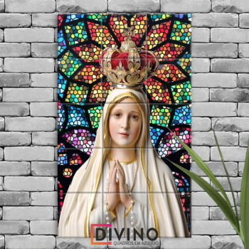 Quadro Imagem Nossa Senhora de Fátima em Azulejo Decorativo Fundo Est. Vitral