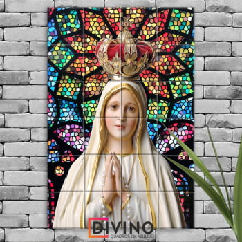 Quadro Imagem Nossa Senhora de Fátima em Azulejo Decorativo Fundo Est. Vitral