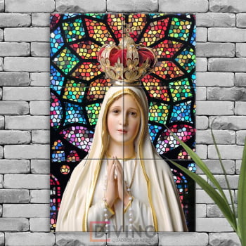 Quadro Imagem Nossa Senhora de Fátima em Azulejo Decorativo Fundo Est. Vitral