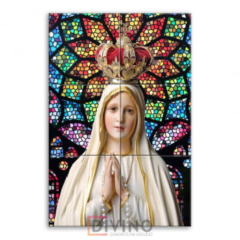 Quadro Imagem Nossa Senhora de Fátima em Azulejo Decorativo Fundo Est. Vitral