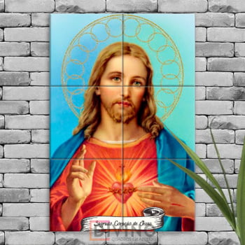 Quadro Imagem Sagrado Coração de Jesus em Azulejo Decorativo Colorido