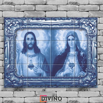 Quadro Imagem Sagrado Coração de Jesus e Imaculado Coração de Maria em Azulejo Decorativo