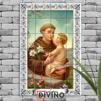 Quadro Imagem Santo Antônio em Azulejo Decorativo Borda Colorida