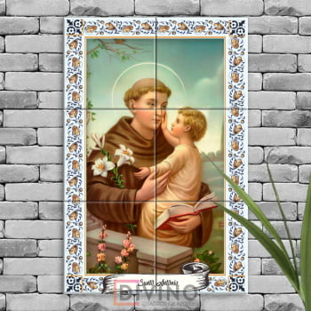 Quadro Imagem Santo Antônio em Azulejo Decorativo Borda Colorida