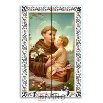 Quadro Imagem Santo Antônio em Azulejo Decorativo Borda Colorida