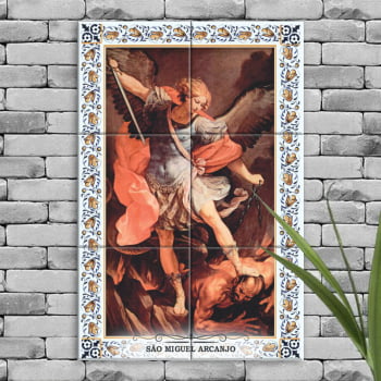 Quadro Imagem São Miguel Arcanjo em Azulejo Decorativo Borda Colorida