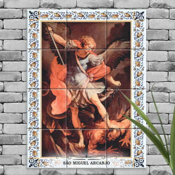 Quadro Imagem São Miguel Arcanjo em Azulejo Decorativo Borda Colorida