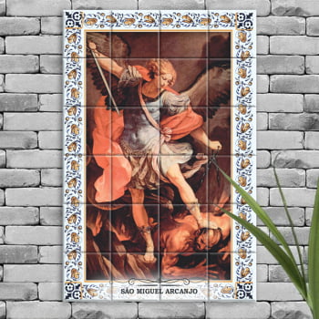 Quadro Imagem São Miguel Arcanjo em Azulejo Decorativo Borda Colorida