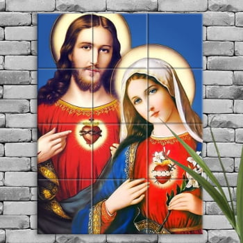 Quadro Imagem Imaculado Coração de Maria e Sagrado Coração de Jesus em Azulejo Decorativo Colorido