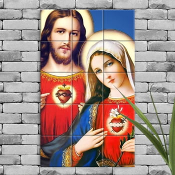 Quadro Imagem Imaculado Coração de Maria e Sagrado Coração de Jesus em Azulejo Decorativo Colorido