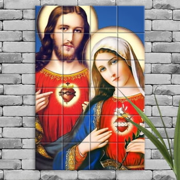 Quadro Imagem Imaculado Coração de Maria e Sagrado Coração de Jesus em Azulejo Decorativo Colorido